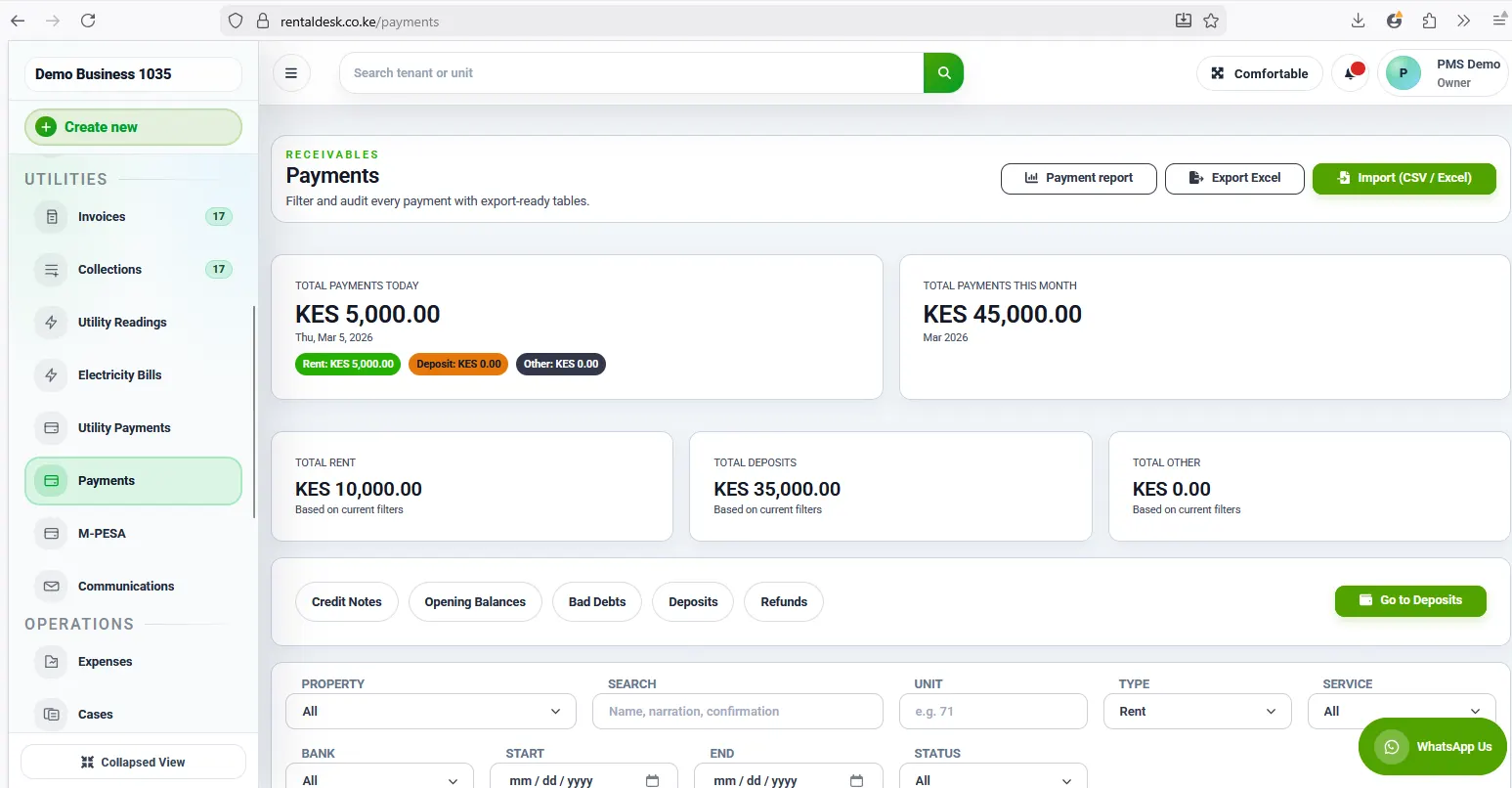 RentalDesk payments and rent collection screen